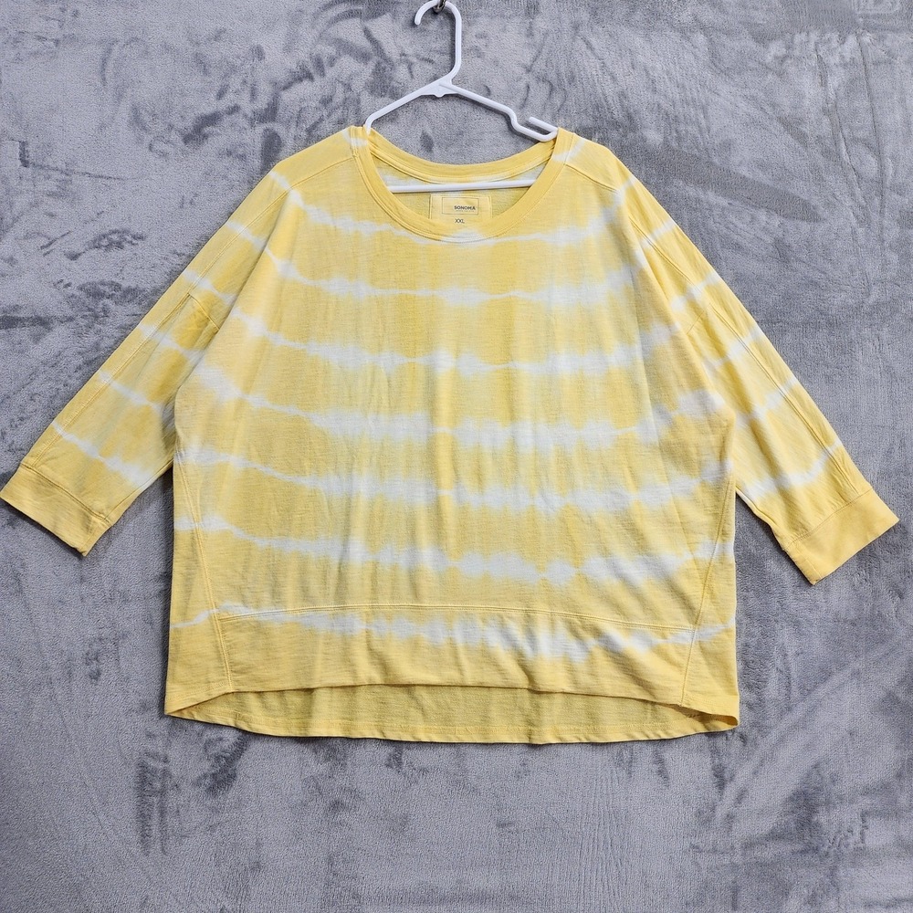 Sonoma Top Womens XXL Yellow White Tie Dye Stripe 3/4 Sleeve Scoop Tunic Jersey